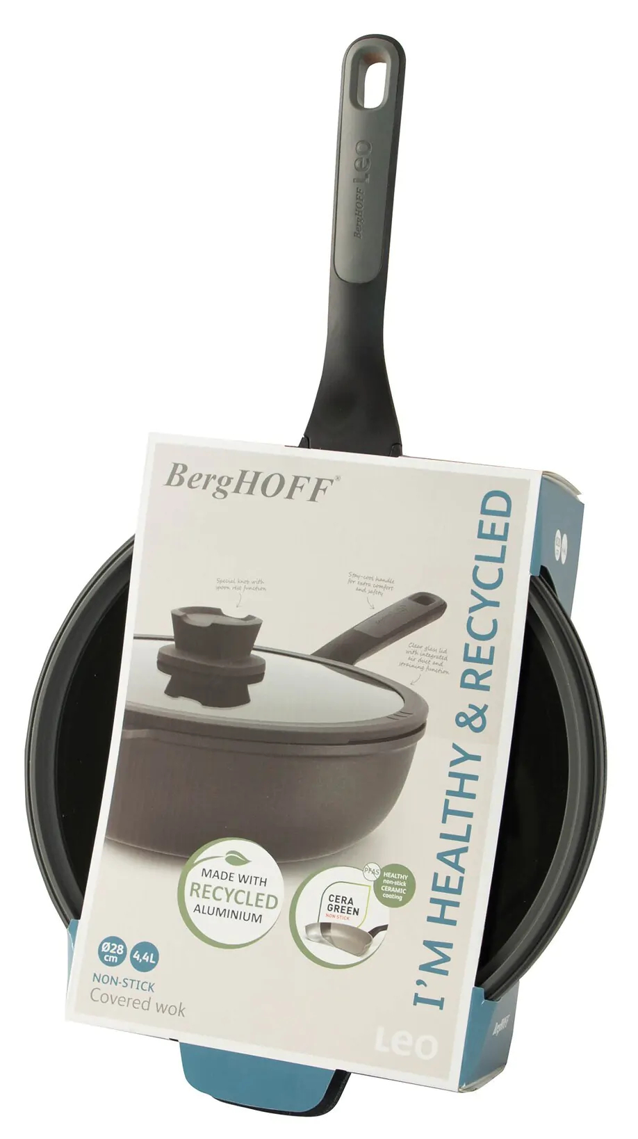 A BergHOFF Leo wok with lid made from recycled aluminum.