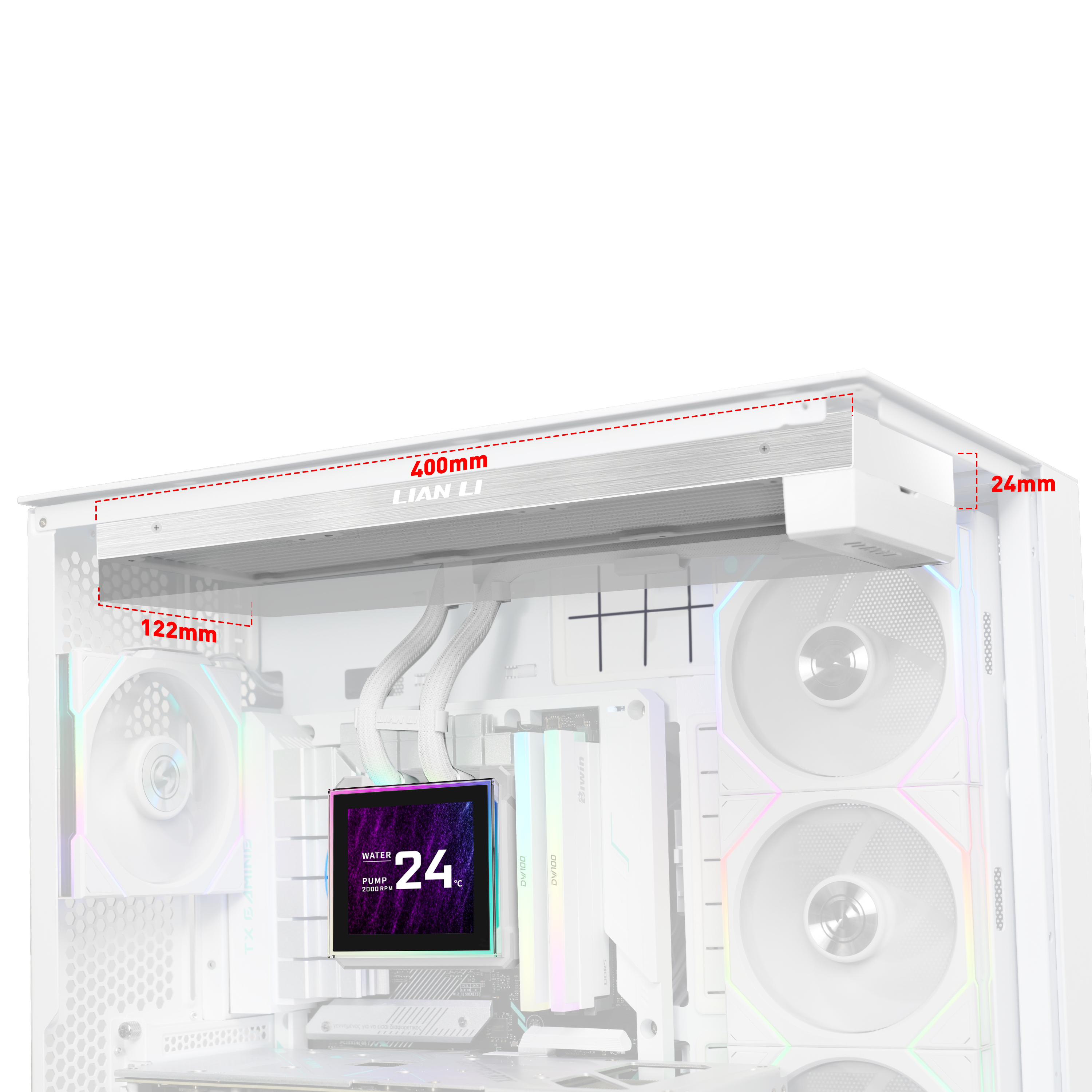 Case PC bianco con ventole, illuminazione RGB e display LCD.