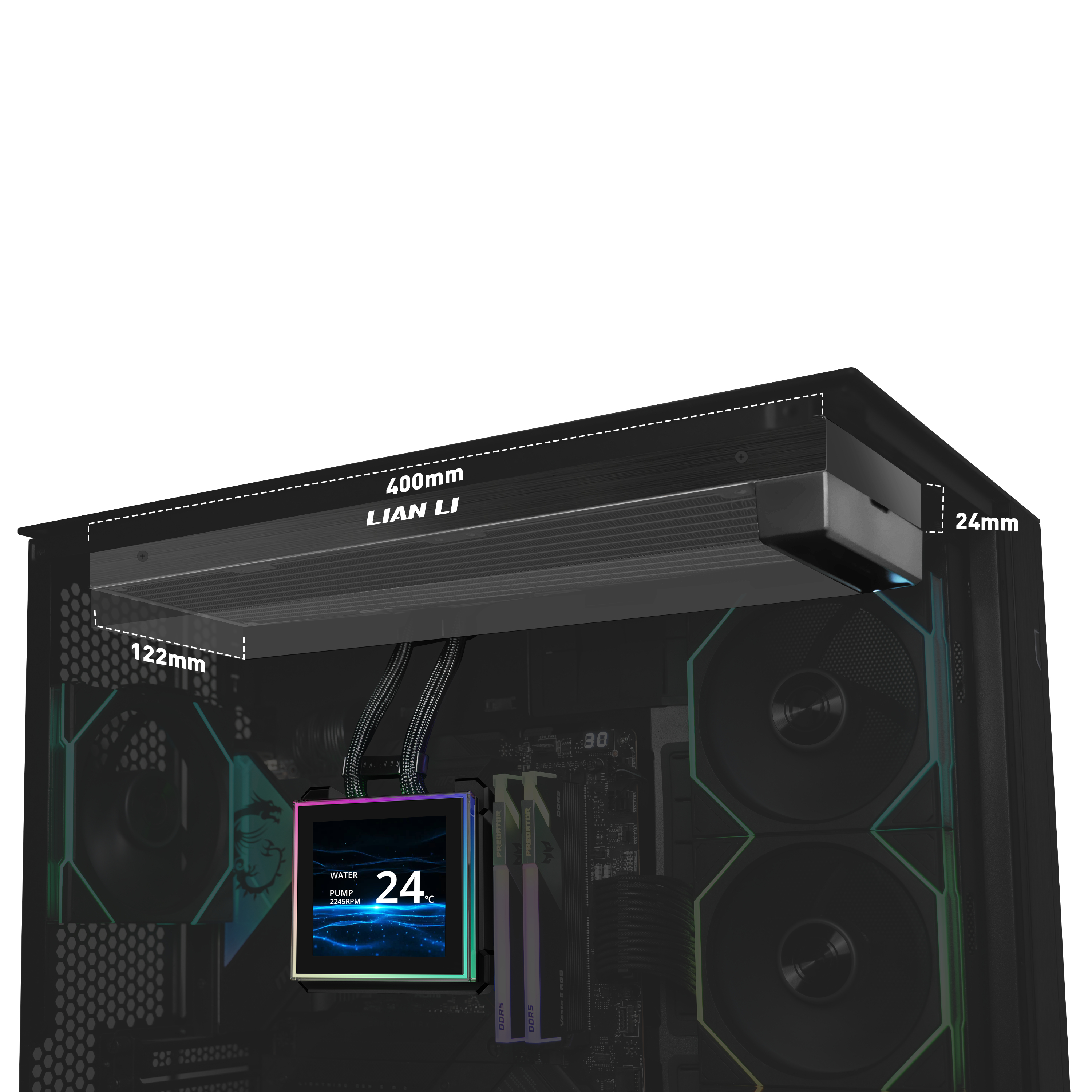 Una caja de PC con radiador de 400mm, dimensiones de 122mm y 24mm, y una pantalla.