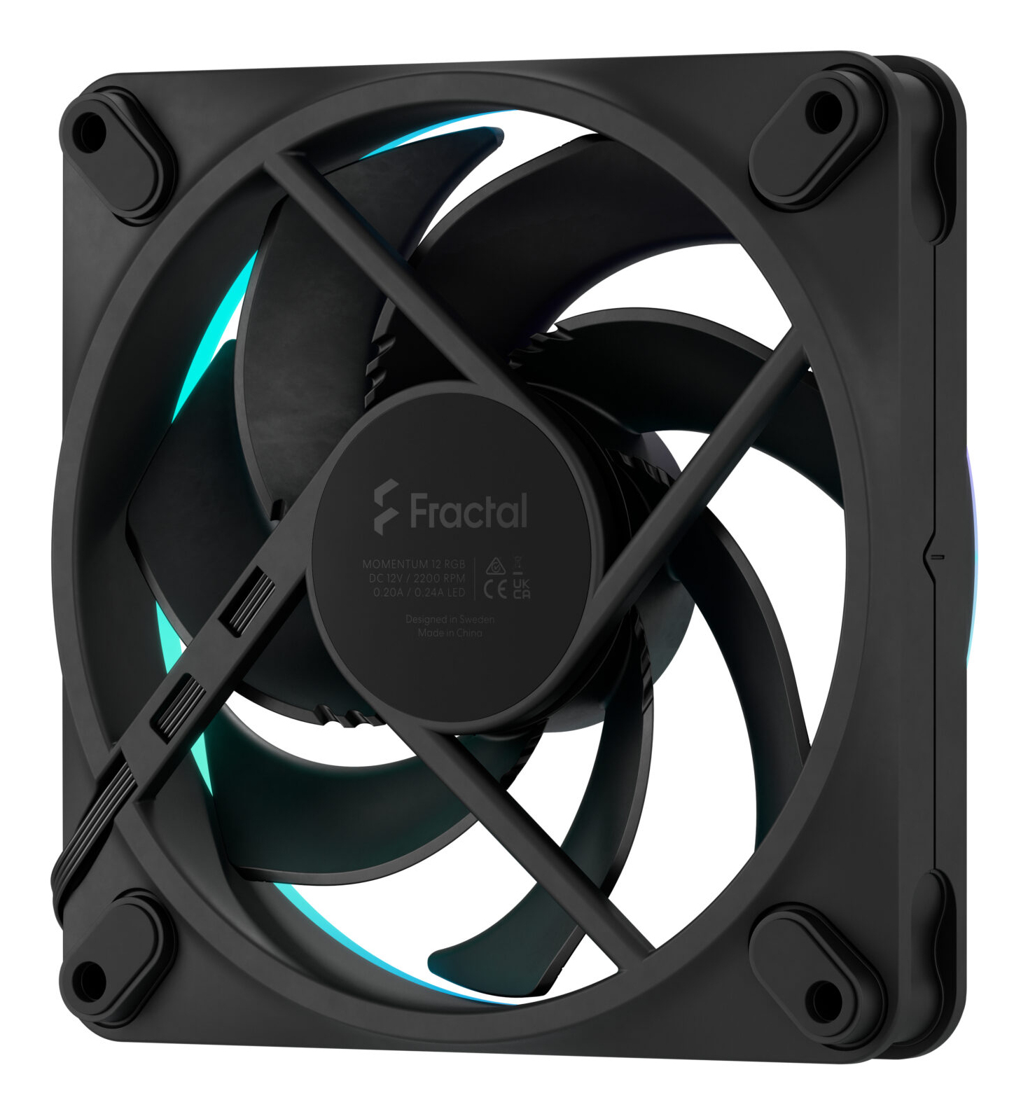 Schwarzer Fractal Momentum 12 RGB Computerlüfter mit blauer LED-Beleuchtung.