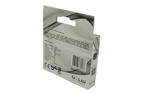 Confezione per ventola da case GELID Silent Series 60mm, con specifiche e codice a barre.