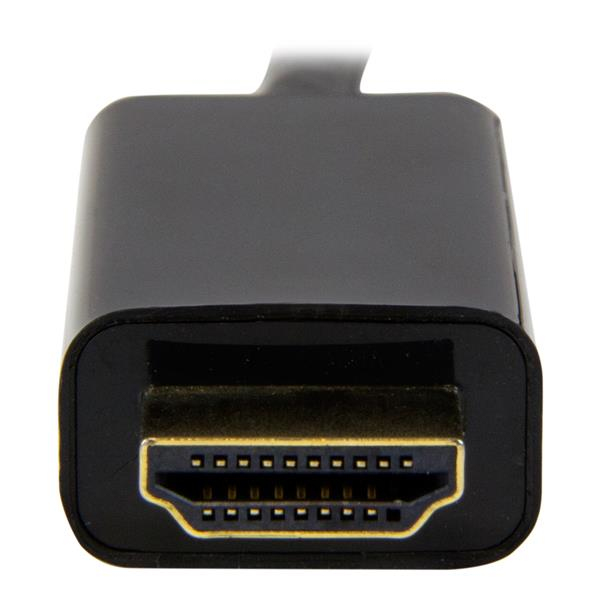 Primer plano de un conector HDMI negro con contactos dorados.