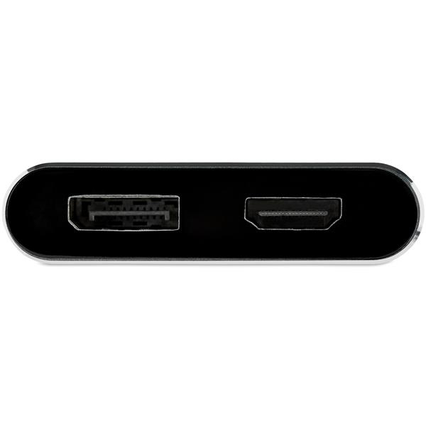 Primer plano de un adaptador negro que muestra un puerto USB-C y uno HDMI.