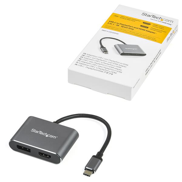 Adaptador USB-C gris con puertos DisplayPort y HDMI y conector USB-C.