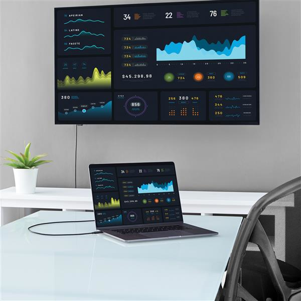 Un portátil muestra gráficos, reflejando una pantalla grande en la pared con visualizaciones de datos similares.