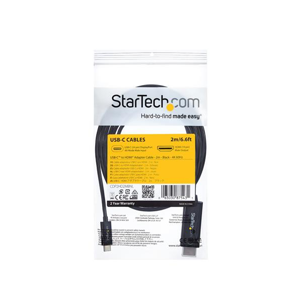 Cable adaptador StarTech.com USB-C a HDMI, 2m, negro, 4K 60Hz.