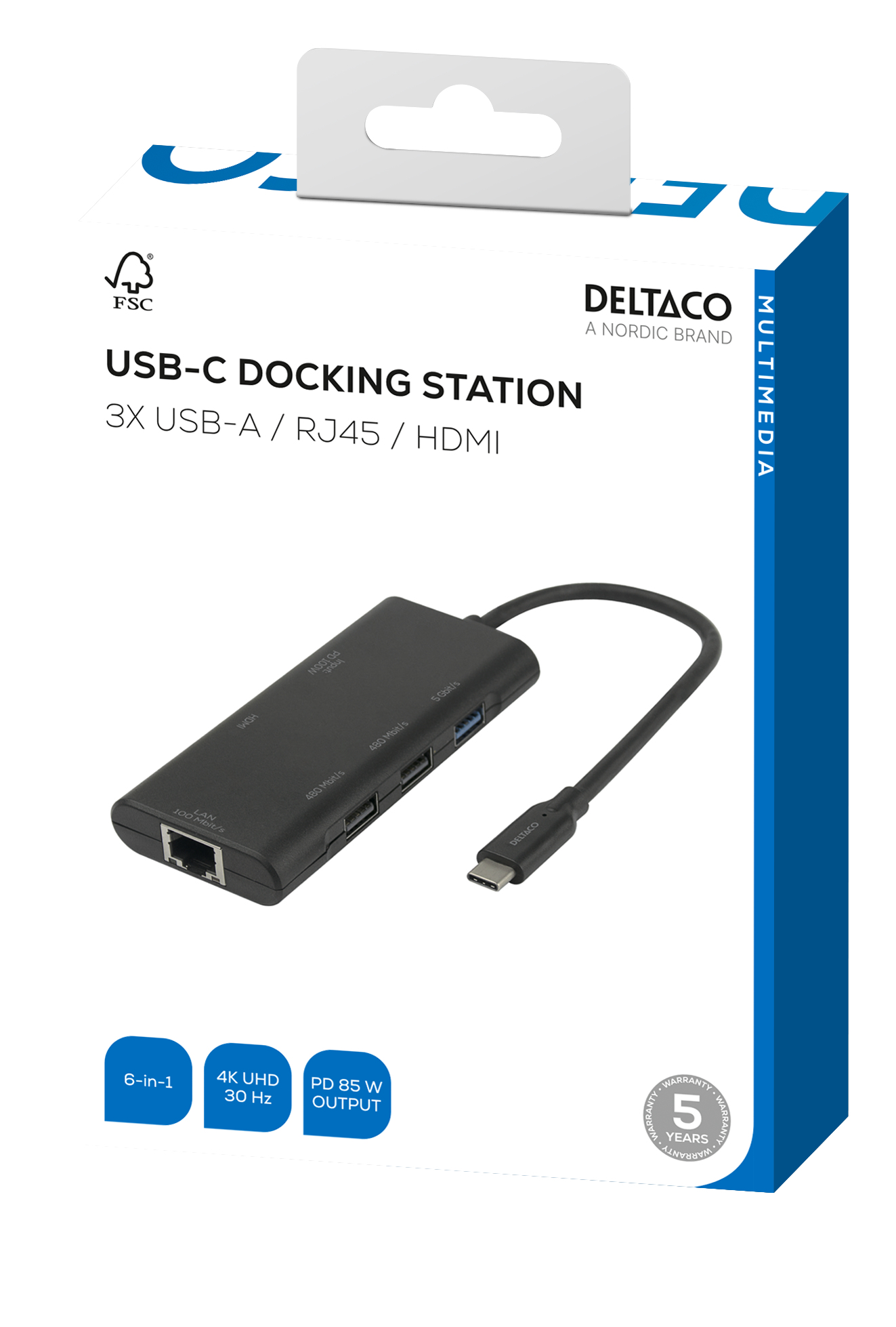 Schwarzer DELTACO USB-C Docking Station mit Anschlüssen: LAN, HDMI, USB-A, USB-C.