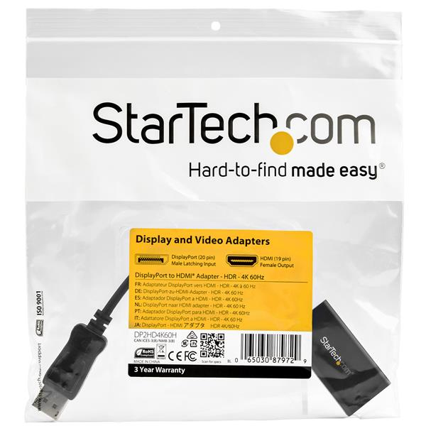 Embalaje de adaptador StarTech.com DisplayPort a HDMI con cable y adaptador.
