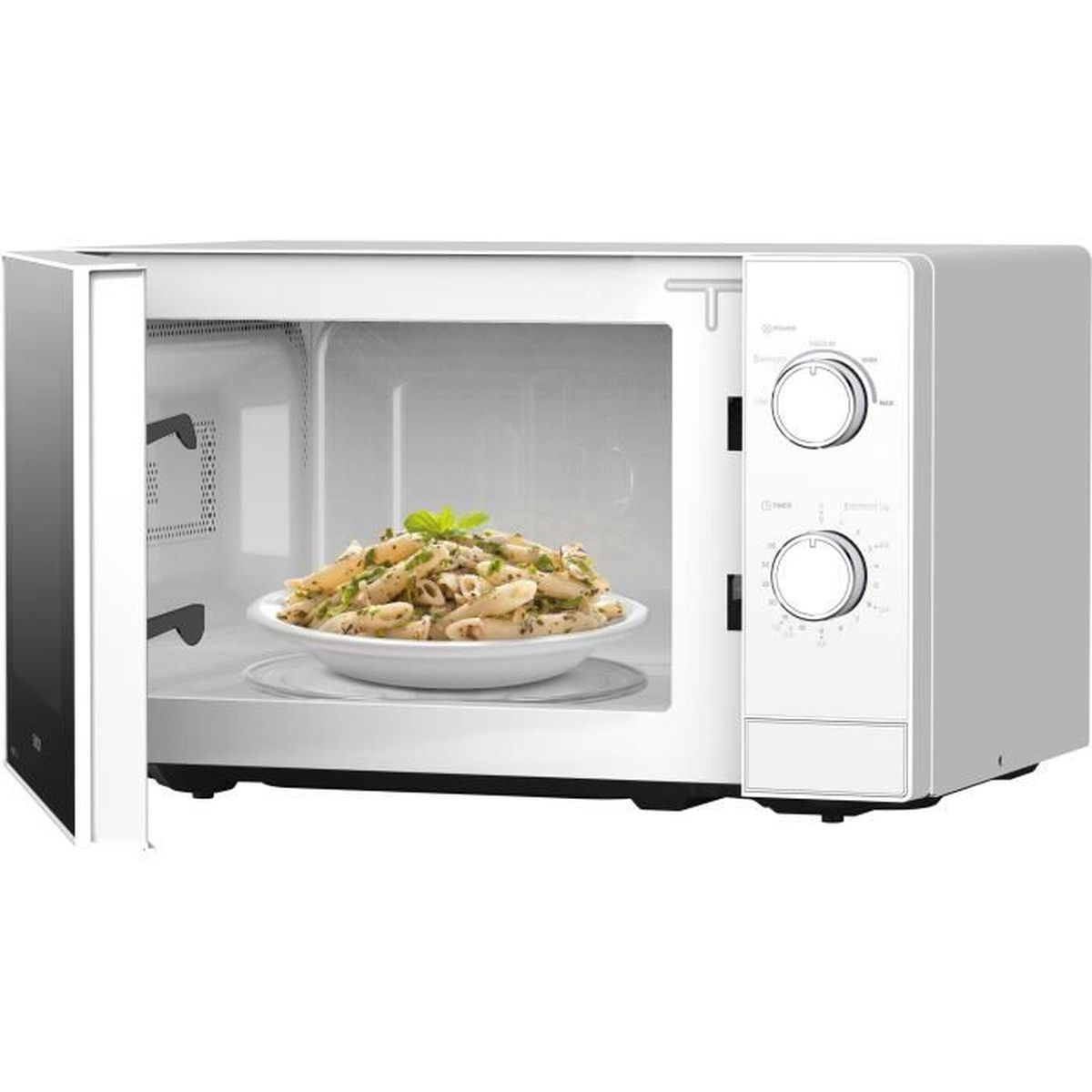 Un microondas blanco con la puerta abierta, mostrando un bol de pasta penne con albahaca.