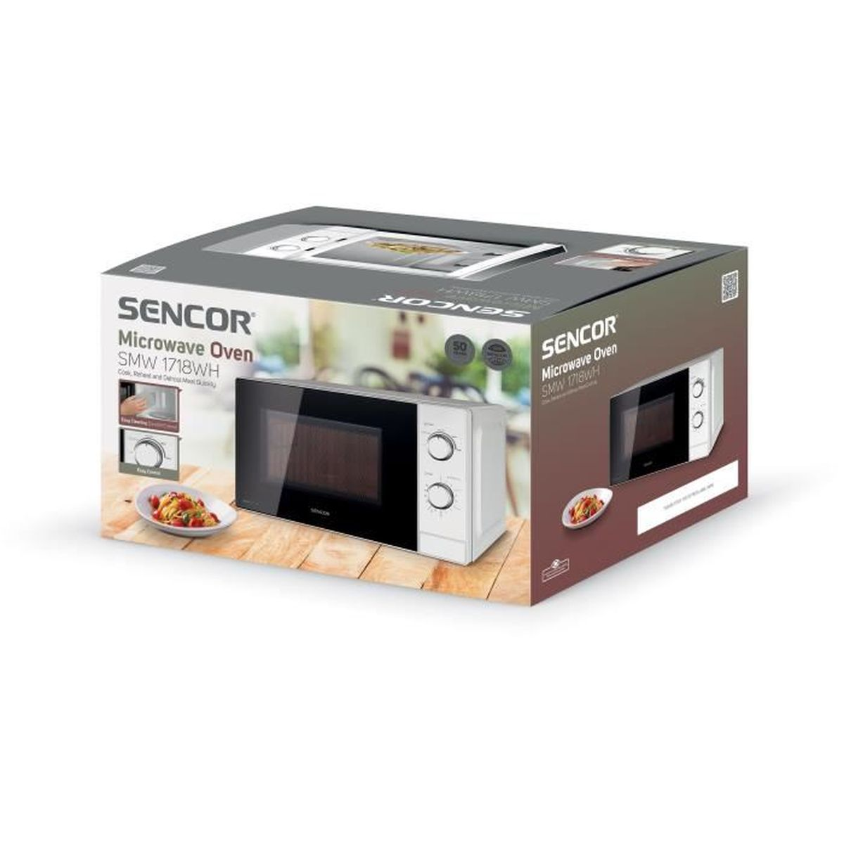 Embalaje de un microondas SENCOR blanco SMW 1718WH con imágenes de cocina.