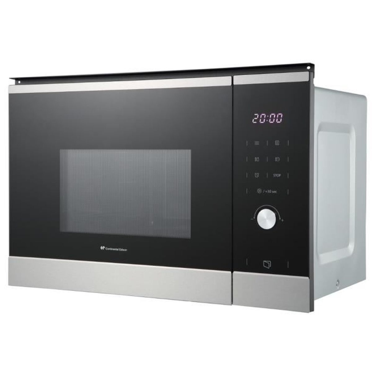 Un moderno forno a microonde da incasso con porta nera e pannello di controllo argentato.