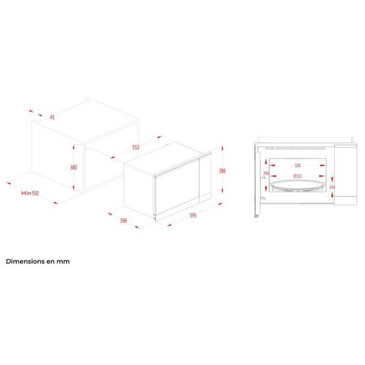 Disegno tecnico di un microonde da incasso con dimensioni in mm.