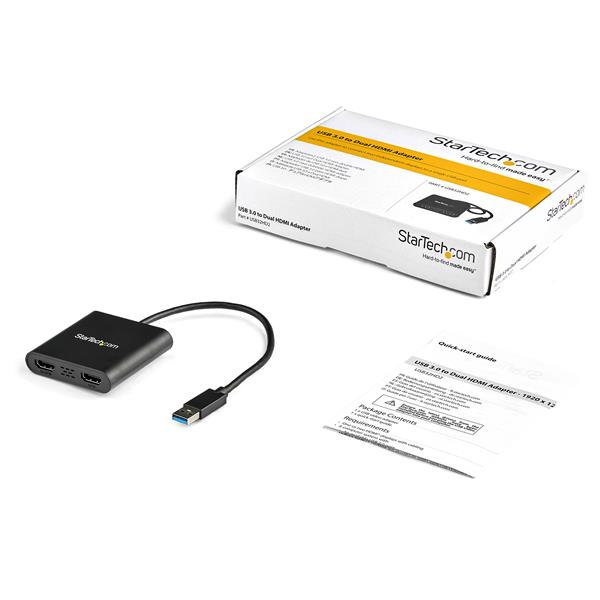 Un adaptador USB 3.0 a Dual HDMI negro con cable y manual.