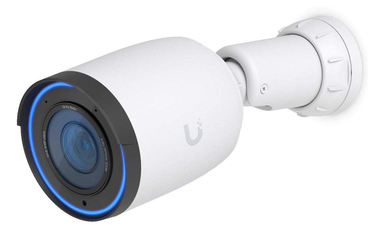 A white bullet surveillance camera with a blue LED ring around the lens.