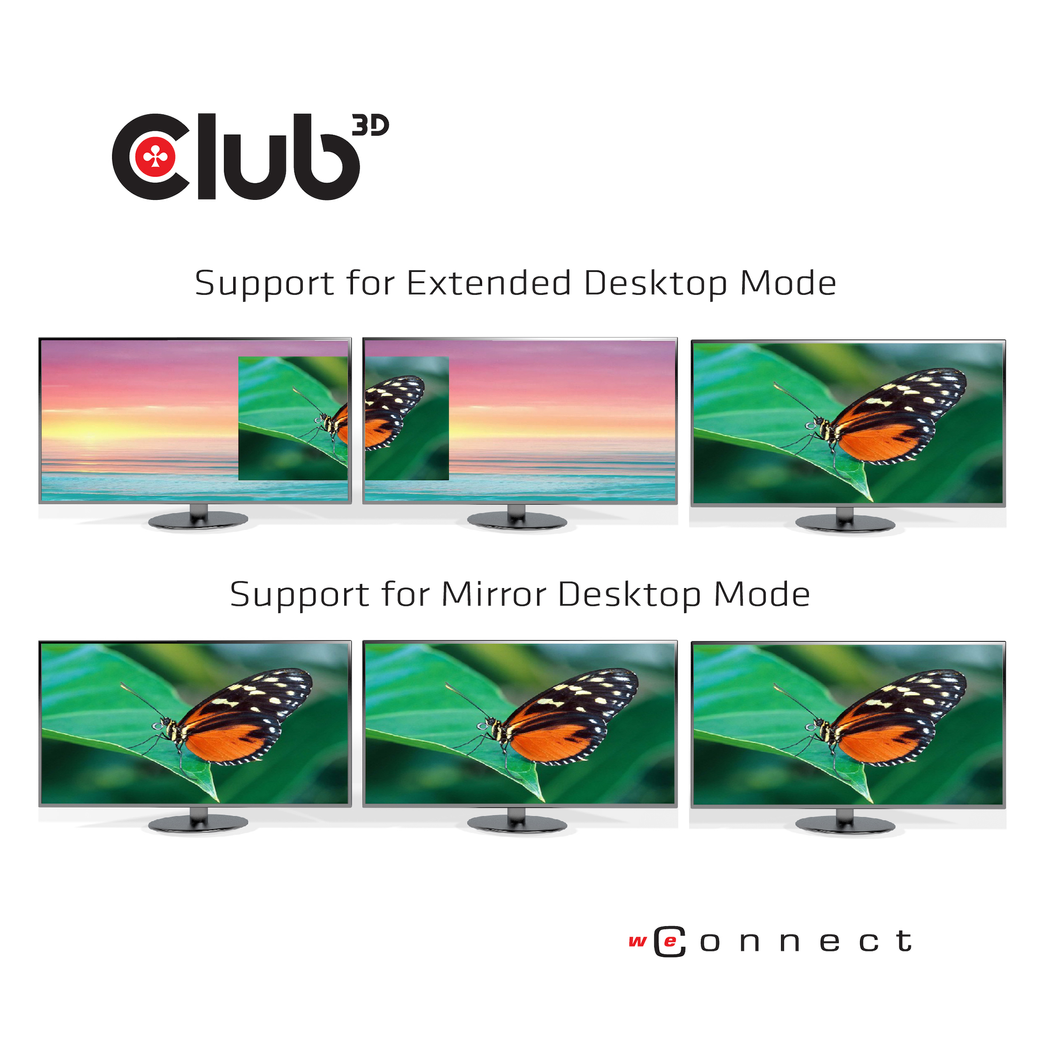 Logo Club 3D e monitor con farfalle per modalità desktop estesa e speculare.