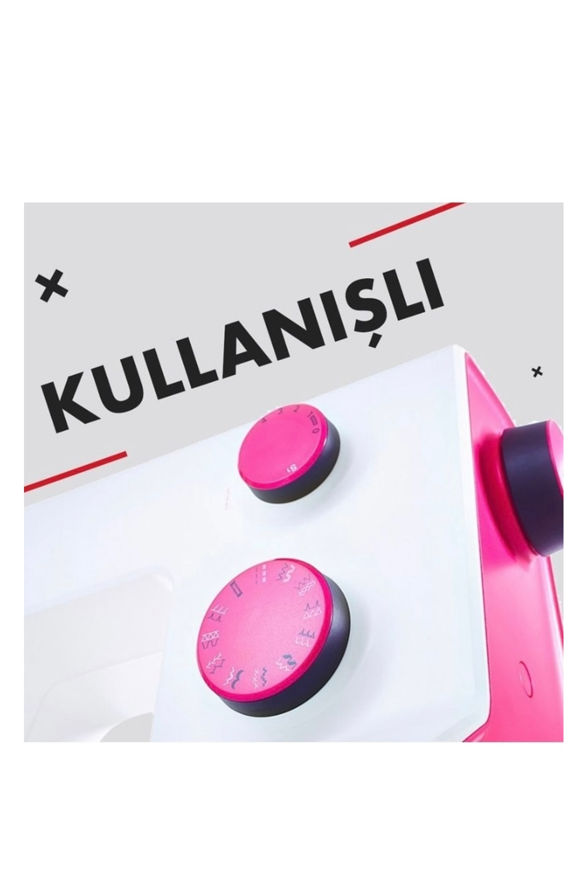 Pembe kadranlı ve "KULLANISLI" yazılı beyaz dikiş makinesinin yakın çekimi.