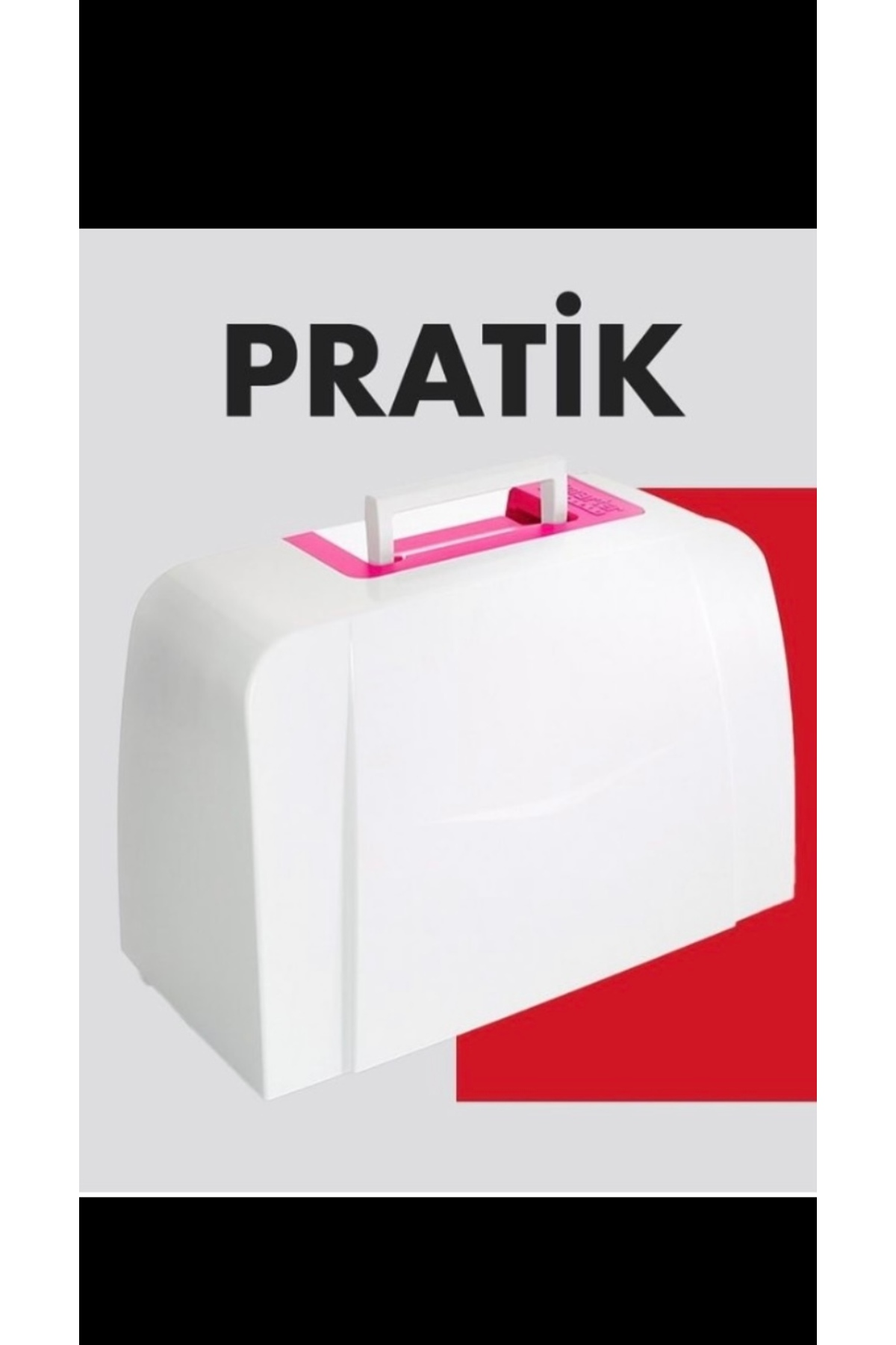 Pembe saplı beyaz dikiş makinesi kılıfı ve PRATIK yazısı.