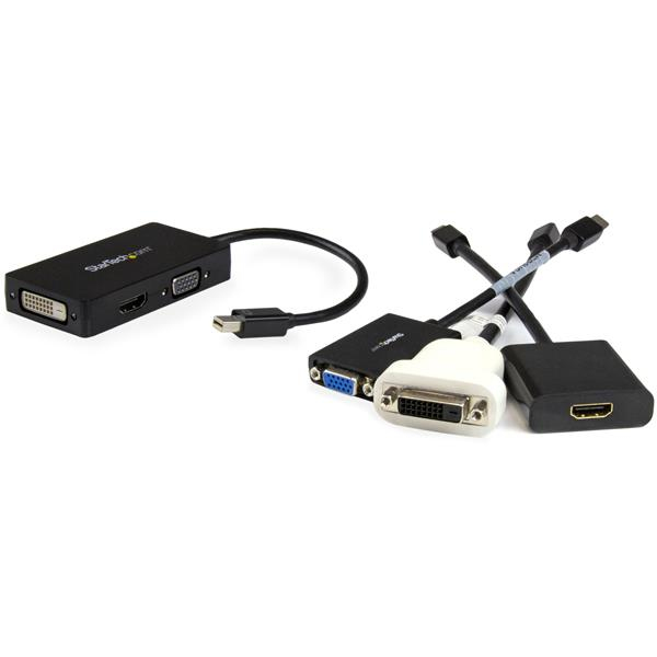 Múltiples adaptadores negros con varios puertos como DVI, VGA y HDMI.