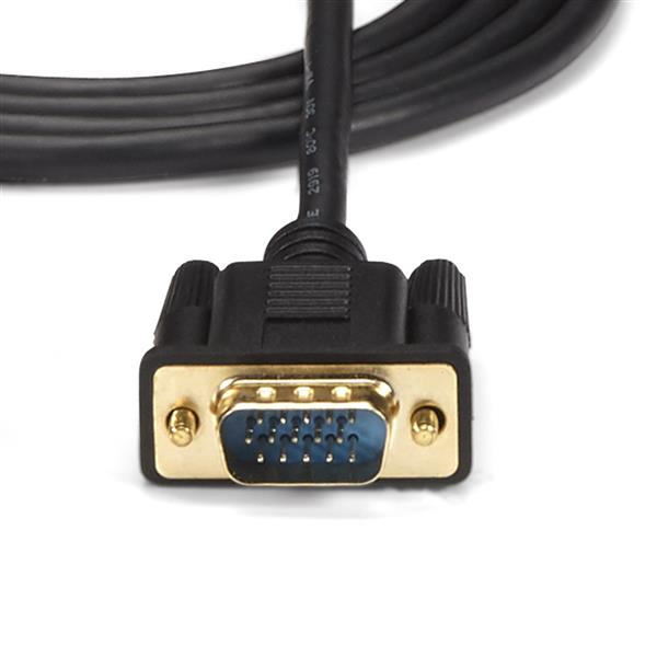 Un cable VGA negro con conector dorado y interior azul.