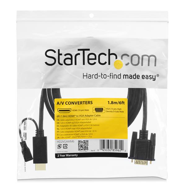 Un cable adaptador HDMI a VGA de StarTech.com, 1,8m, con conectores.