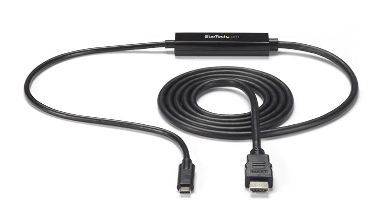 Cable adaptador USB-C a HDMI negro con logo StarTech.com en el adaptador.