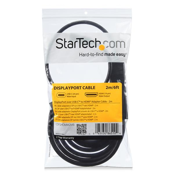 Cable StarTech.com negro de 2m DisplayPort con adaptador USB-C a HDMI.