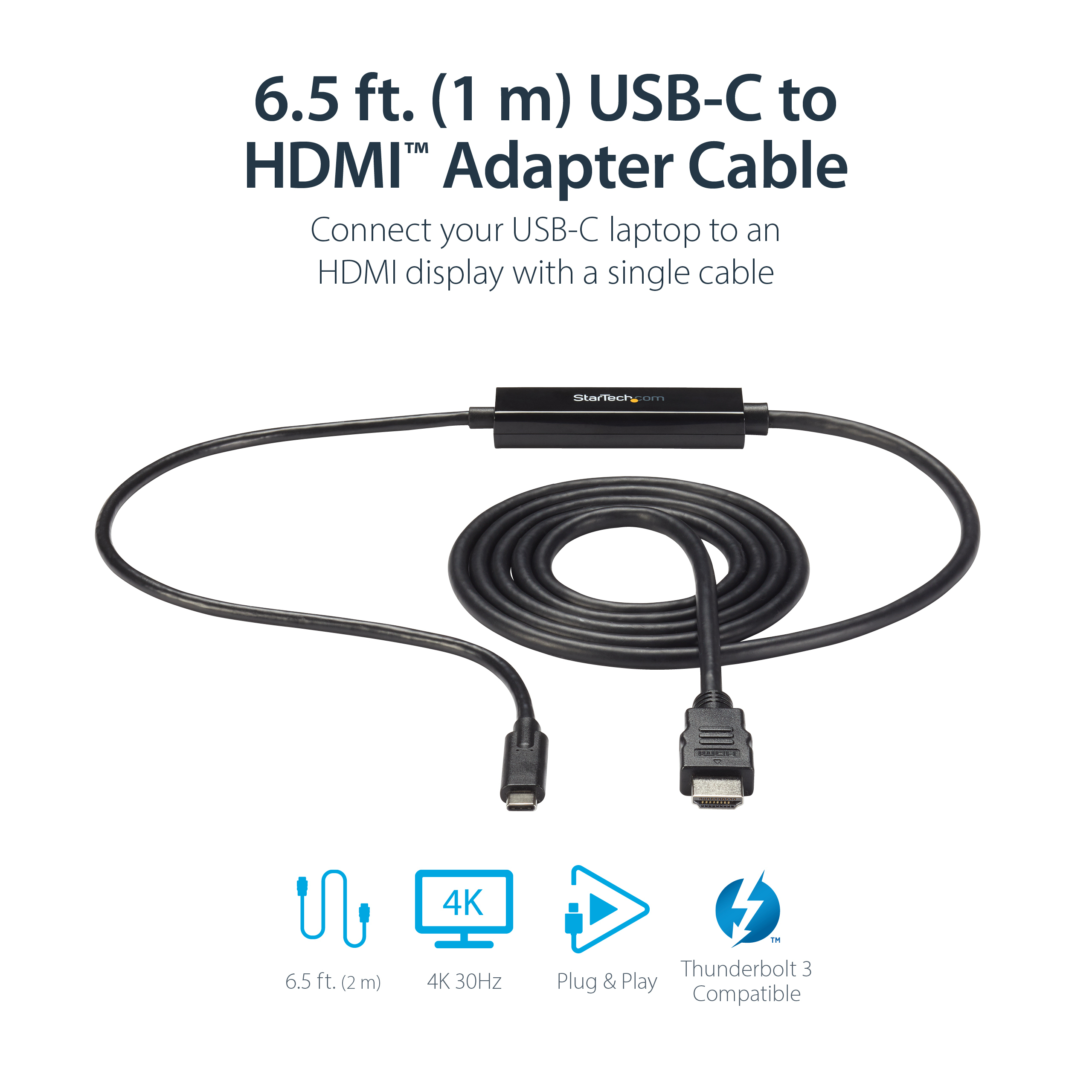 Cable adaptador USB-C a HDMI de 6.5 pies con cable y conectores negros.