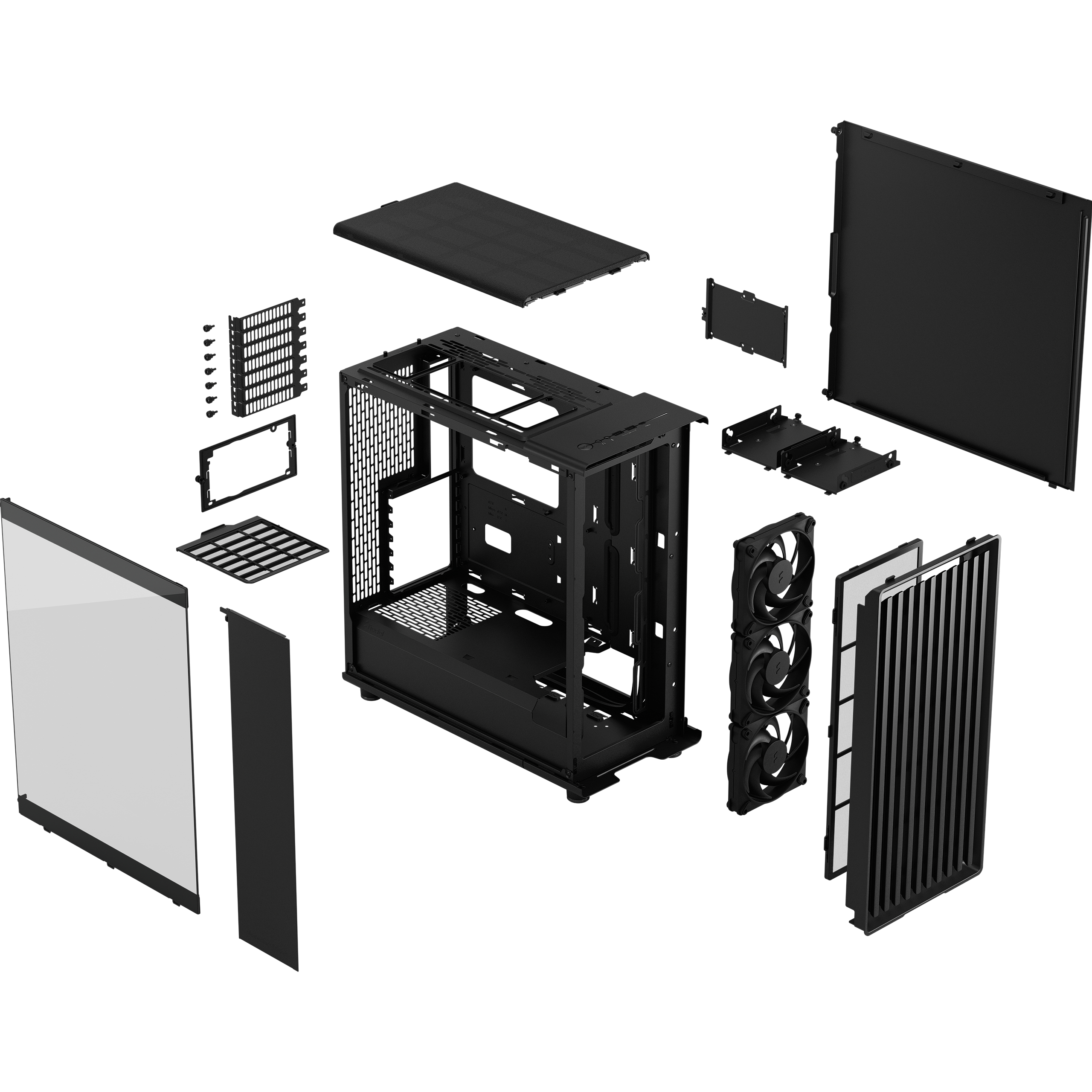 Schwarzes Computergehäuse mit seinen zerlegten Teilen, Lüftern und Glasfront.