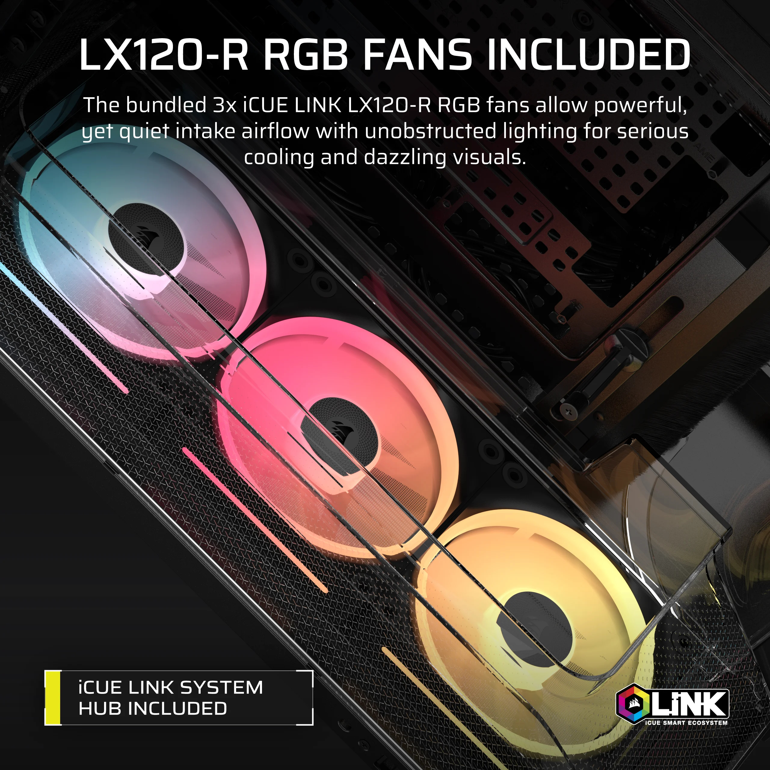Trois ventilateurs PC RGB à éclairage coloré, texte et logo.