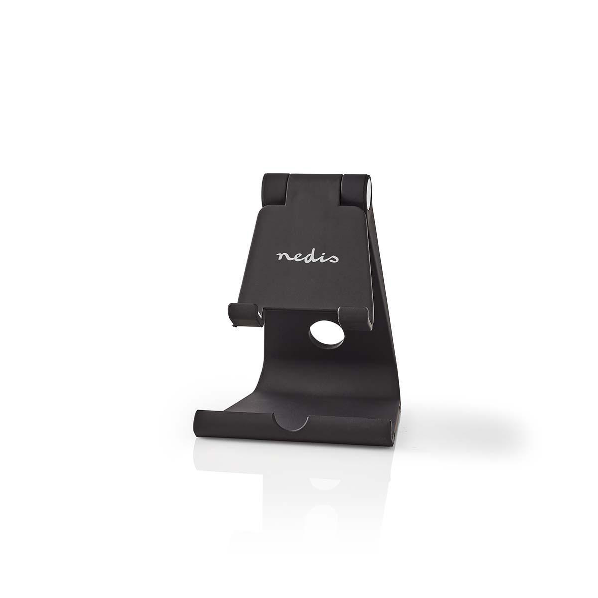A black, foldable phone stand with the Nedis logo.