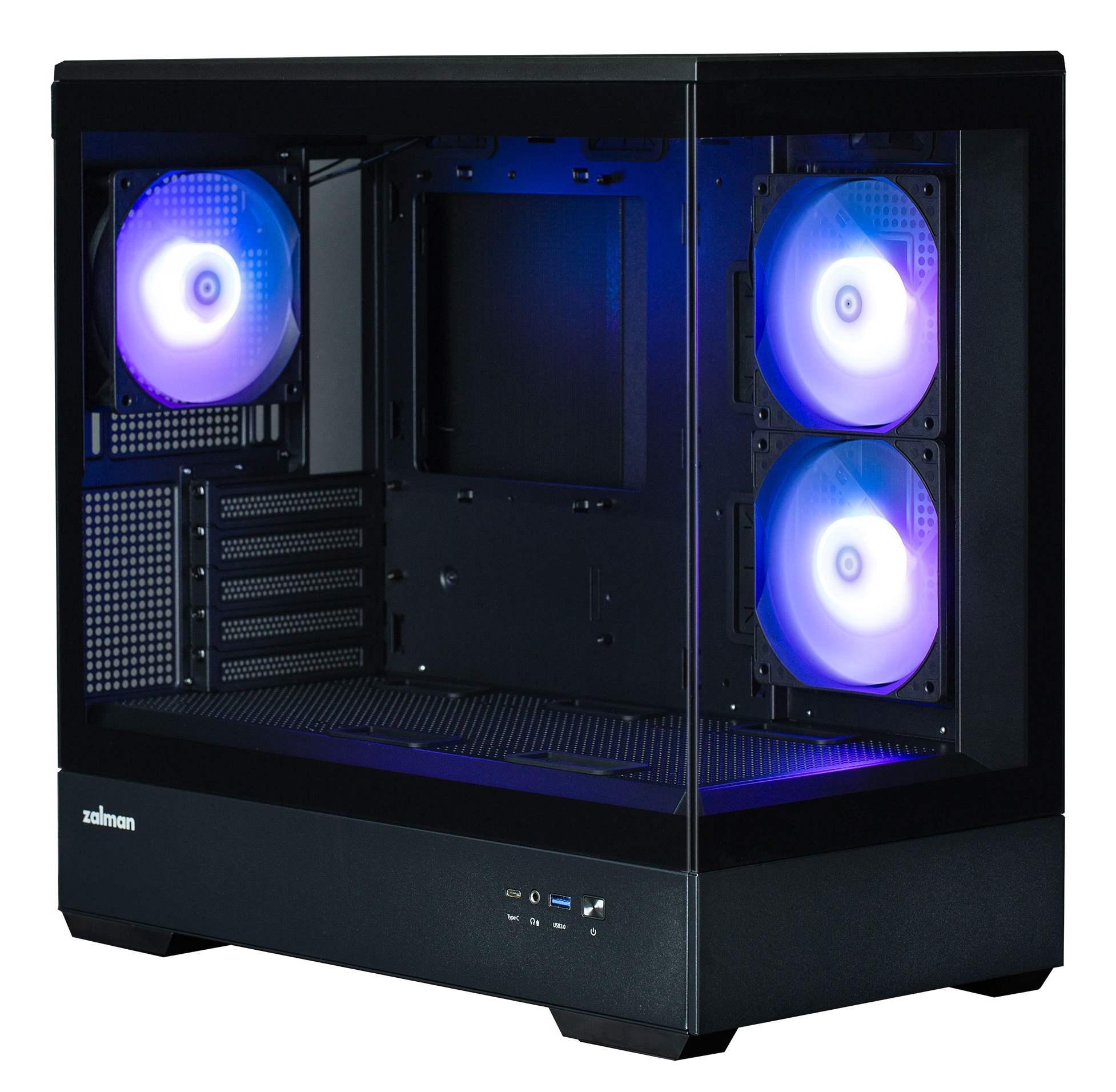 Case PC Zalman nero con ventole illuminate blu e viola su pannello laterale in vetro.
