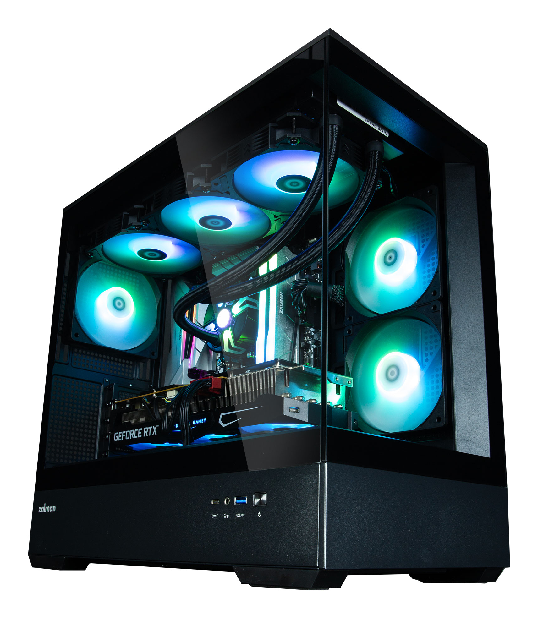Un case PC nero con finestra trasparente, illuminato da ventole e componenti RGB.