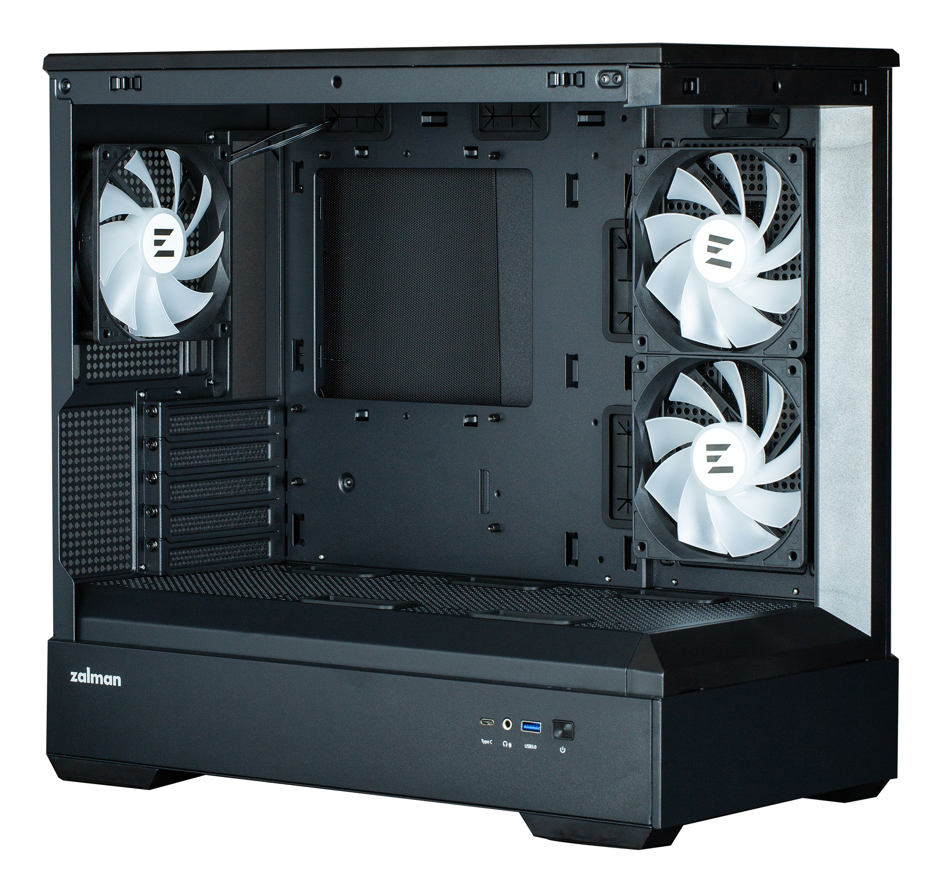 Interno case PC nero con tre ventole bianche e logo Zalman sul pannello frontale.