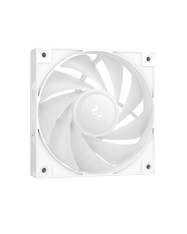 Un ventilador blanco para PC con nueve aspas curvas y un logo central.