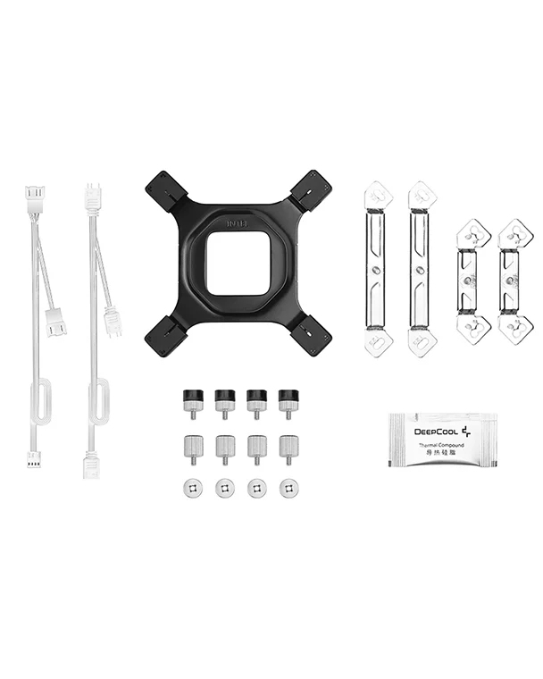 Hardware de montaje de enfriador de computadora: soporte, tornillos, soportes transparentes y pasta térmica.