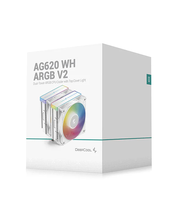 Caja de un enfriador de CPU ARGB blanco de doble torre con ventiladores RGB.