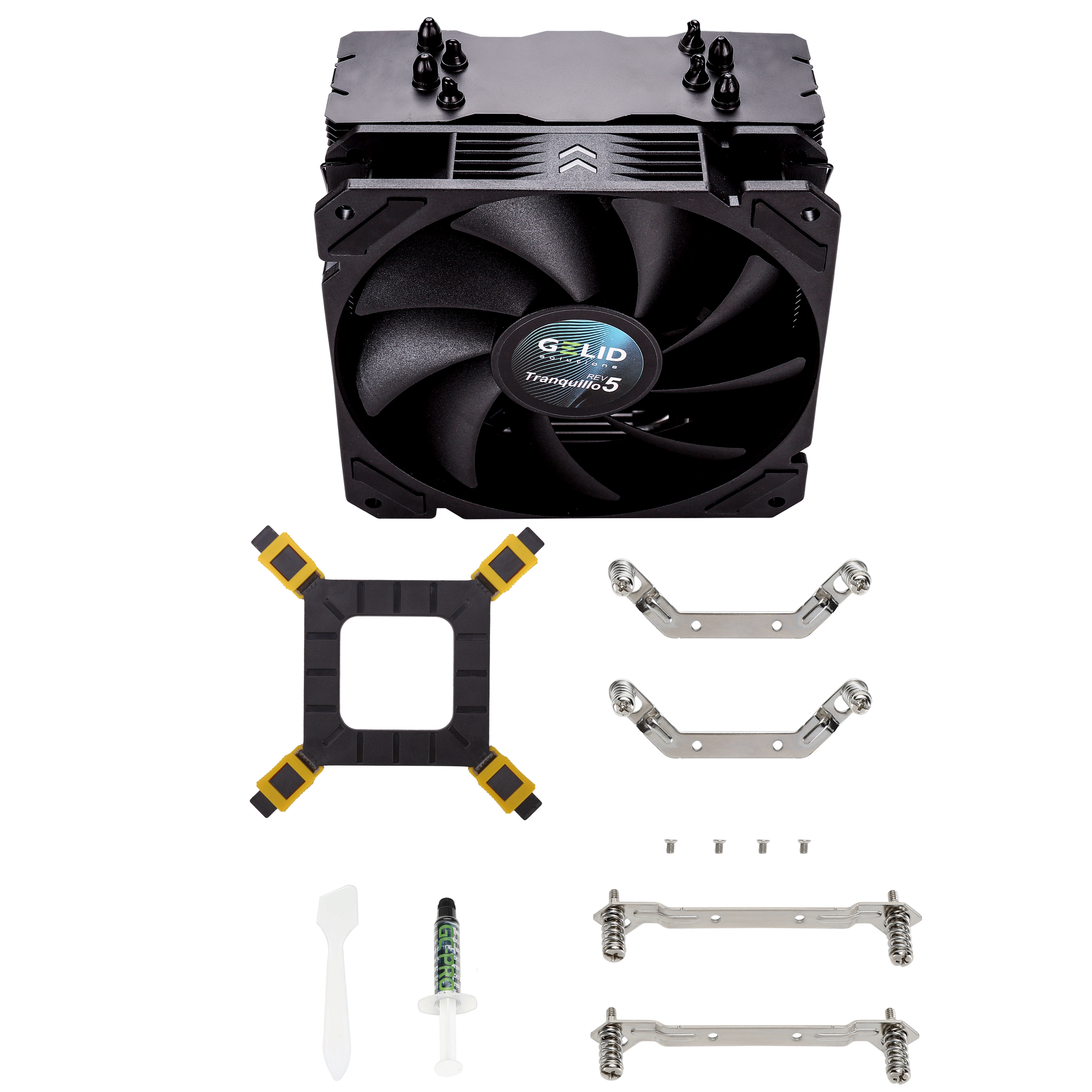 Dissipatore CPU nero con ventola, staffa di montaggio, pasta termica e attrezzi.