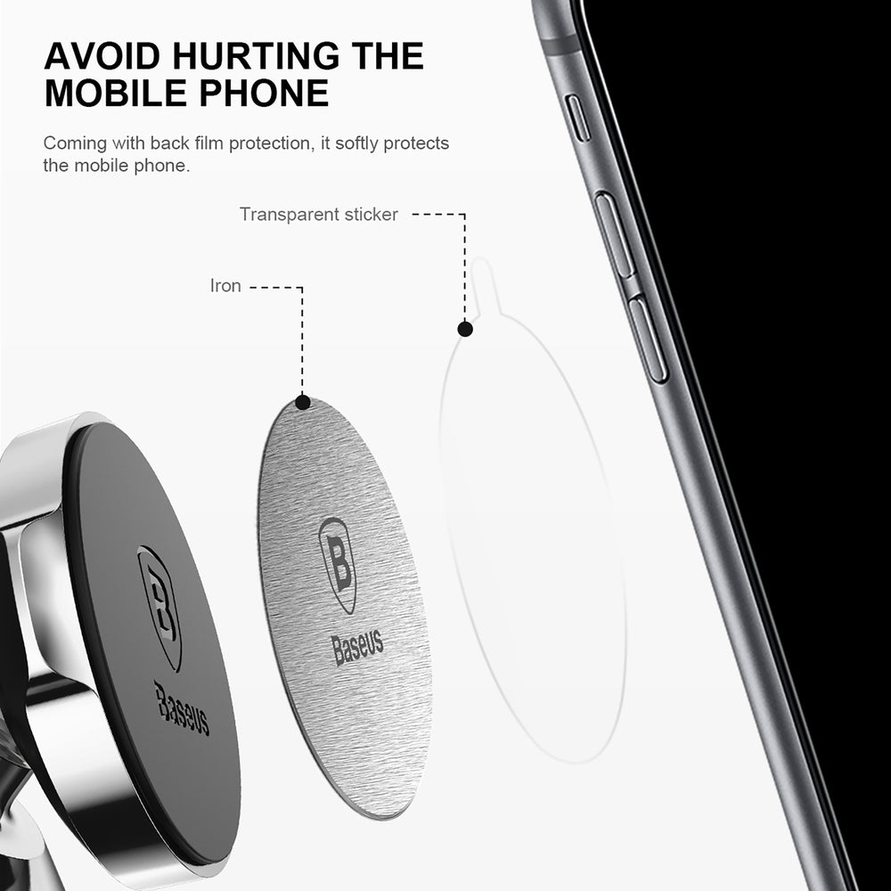 Una piastra metallica argentata con logo Baseus accanto a uno smartphone.