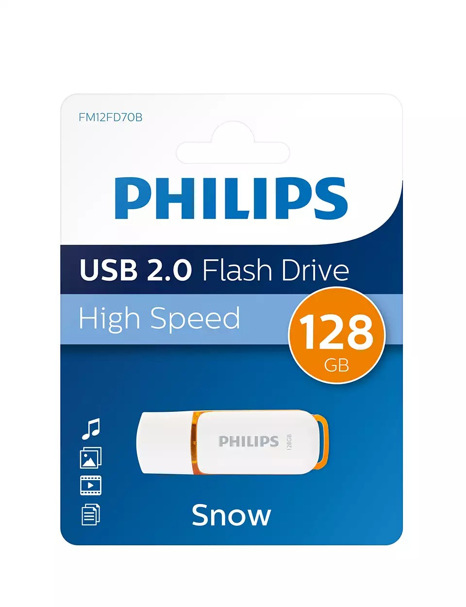 Philips USB 2.0 Flash Drive Snow, 128GB, weiß mit orangenem Akzent.