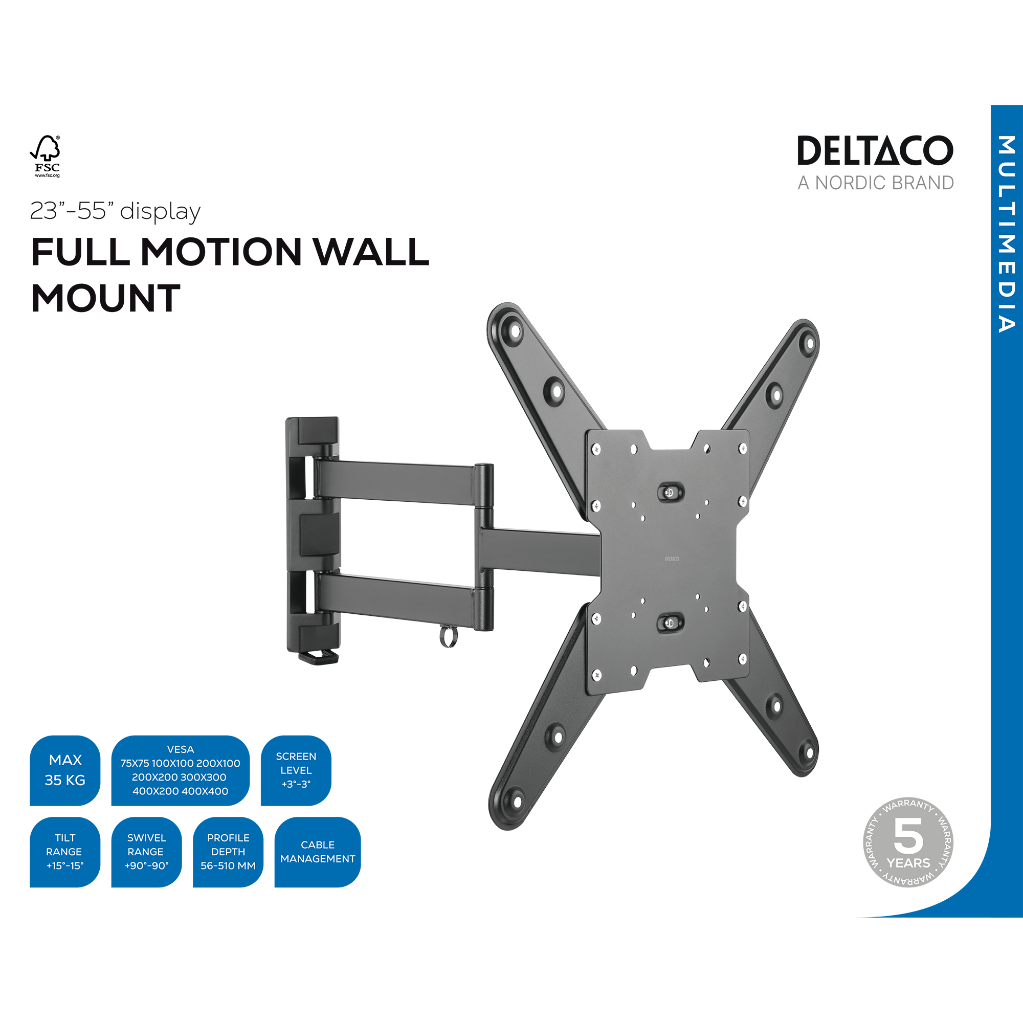 Supporto da parete nero a movimento completo per display da 23-55 pollici.
