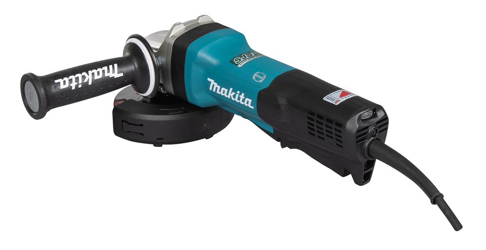 Türkiser und schwarzer Makita Winkelschleifer mit Seitengriff und Kabel.