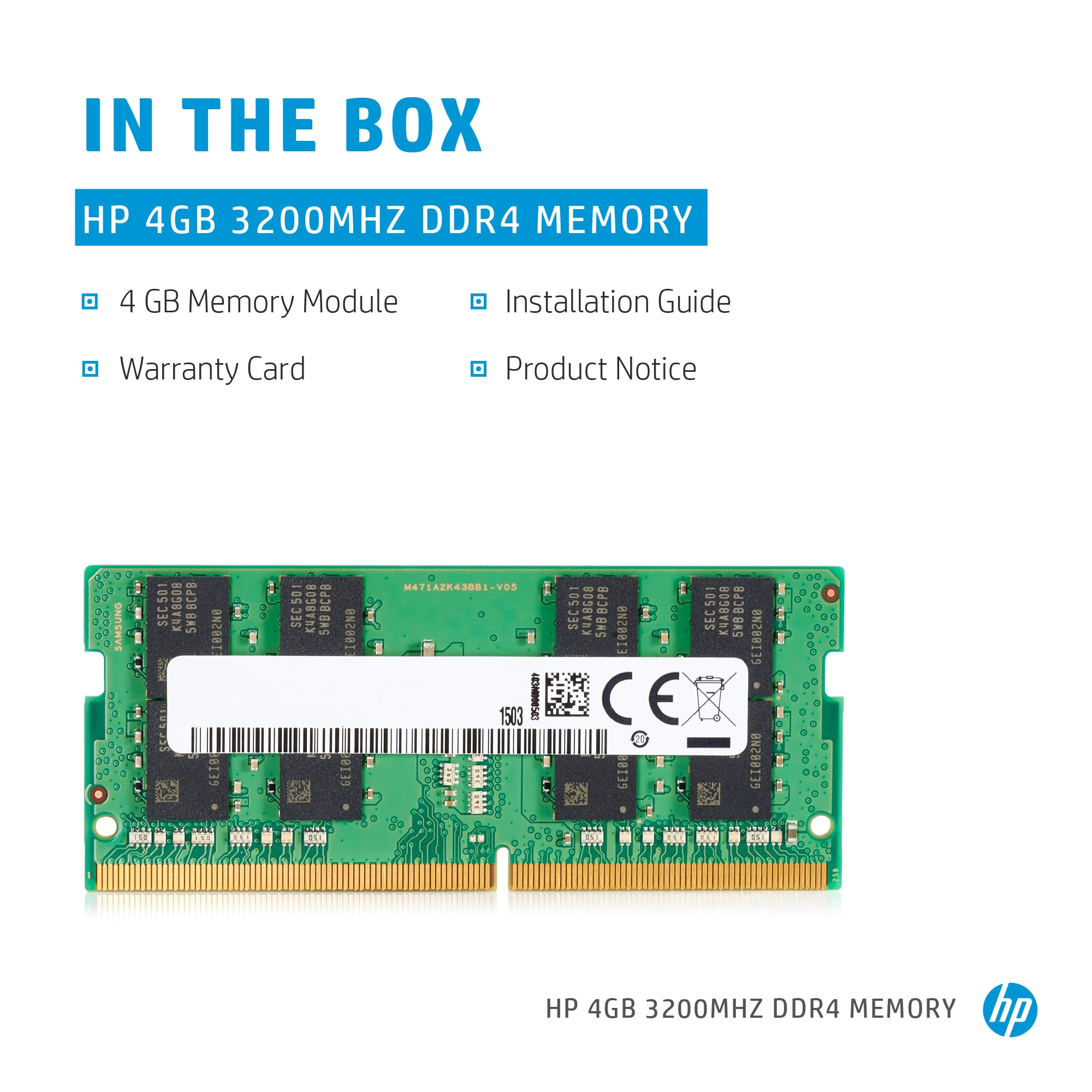 Modulo RAM HP 4GB DDR4 con contatti argentati, marchio CE e icona cestino.
