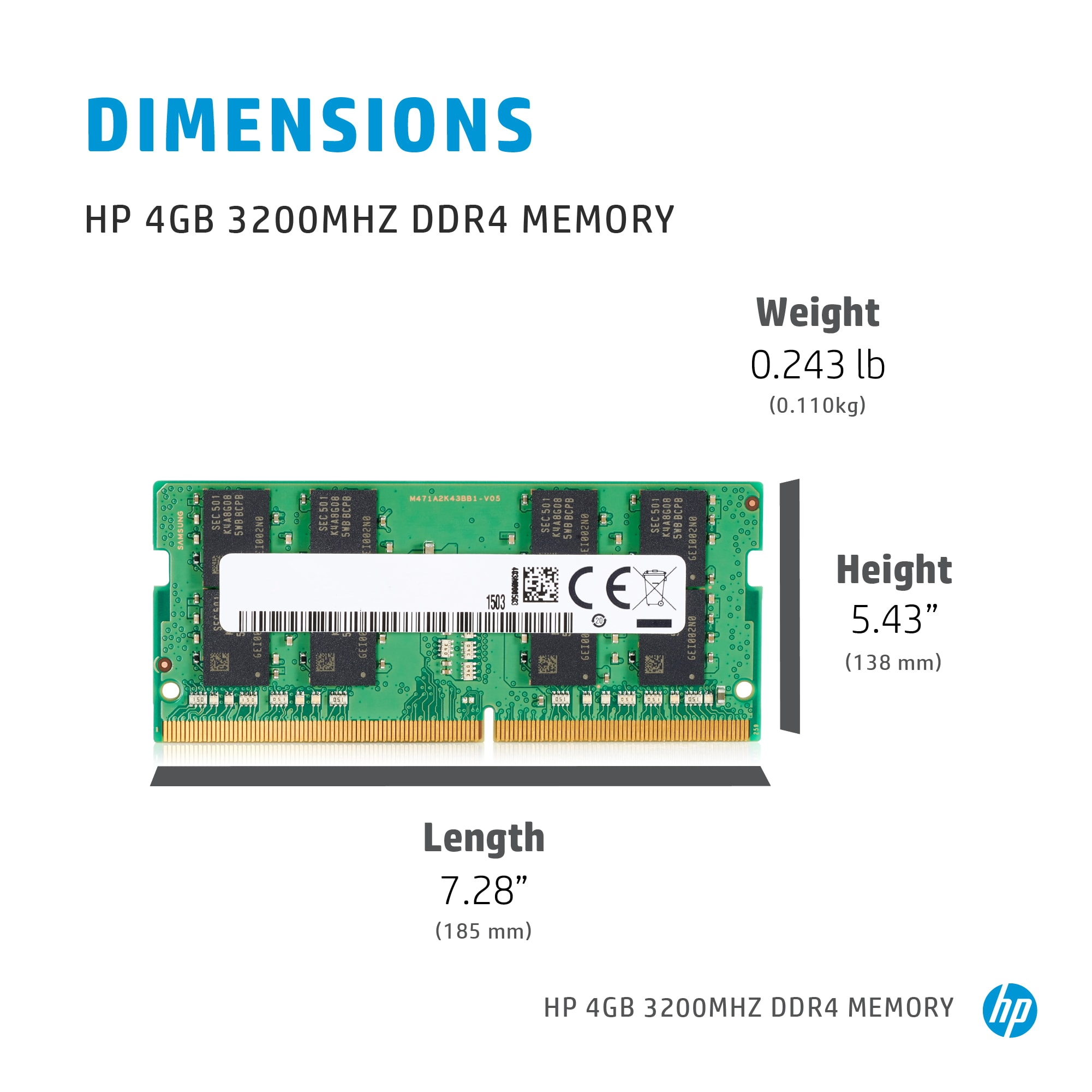 Modulo RAM verde etichettato HP 4GB 3200MHz DDR4. Dimensioni: L 7.28in, A 5.43in, P 0.243lb.