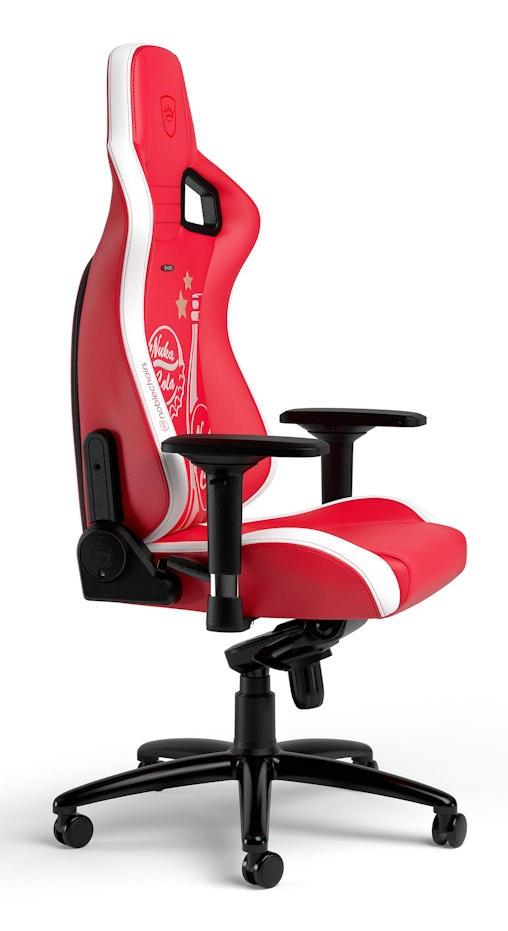 Rood-witte gamestoel met Nuka Cola logo en zwarte voet.