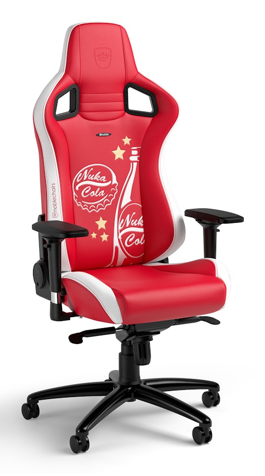 Een rode gamestoel met witte accenten met het Nuka-Cola logo.