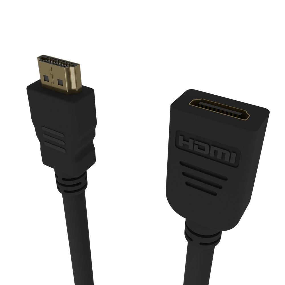 Cable HDMI negro con conectores macho y hembra dorados.