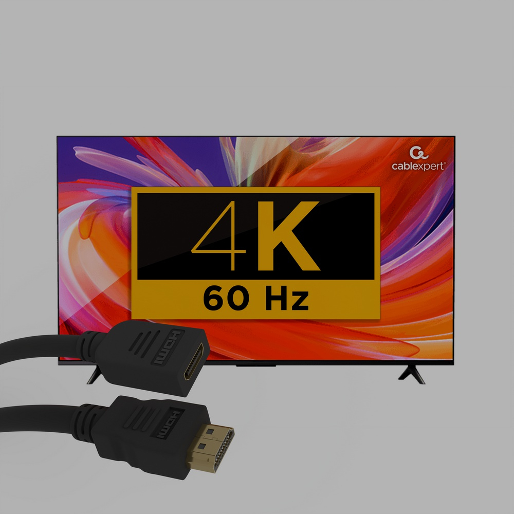 Un cable HDMI 4K negro delante de un televisor que muestra 4K 60Hz.