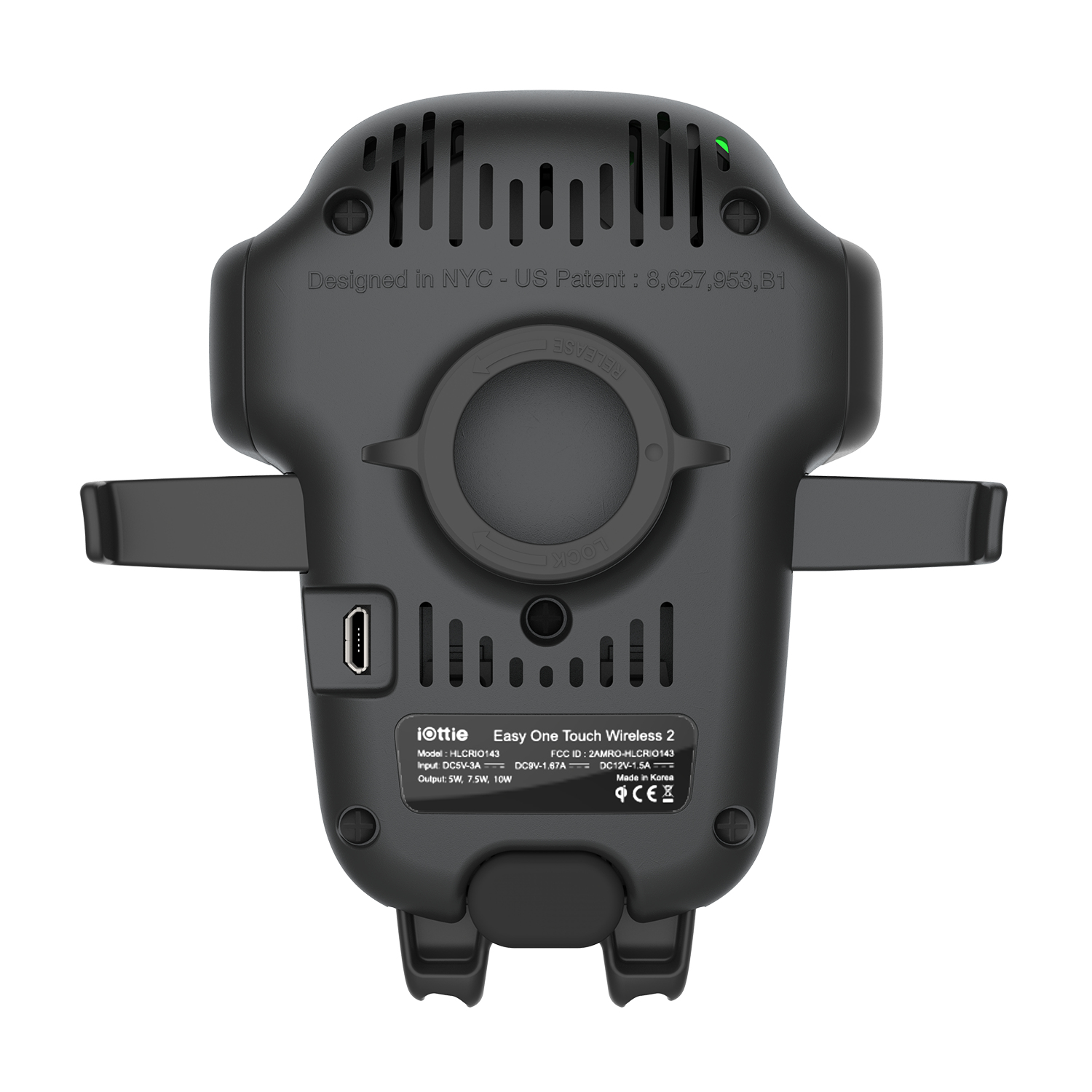 Schwarzer Handyhalter mit Lüftungsschlitzen, USB-C-Anschluss und Produktinformationen.