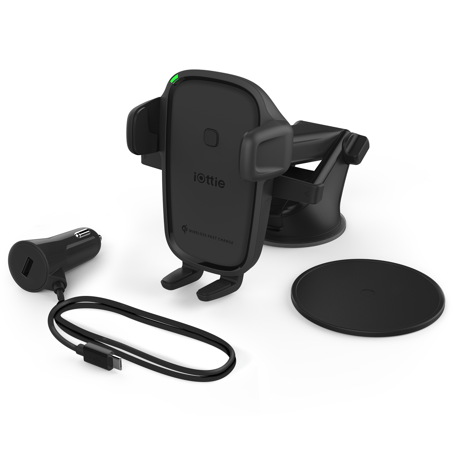 Schwarzes iOttie kabelloses Schnellladegerät mit Autoadapter und USB-C-Kabel.
