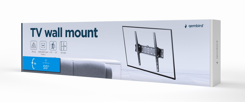Caja de soporte de pared para TV con imagen y especificaciones.